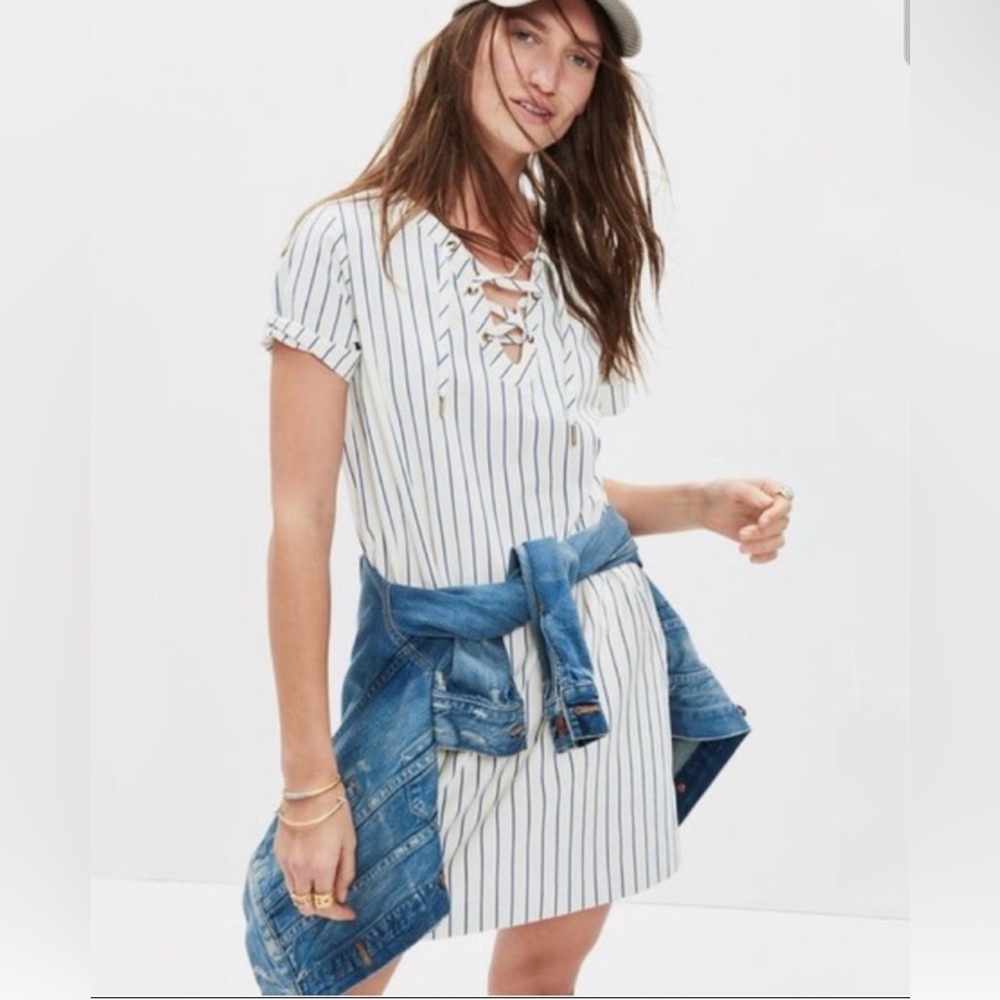 MADEWELL Harbor Cream and Navy Striped Shift Dress Lace-up with Pockets XS